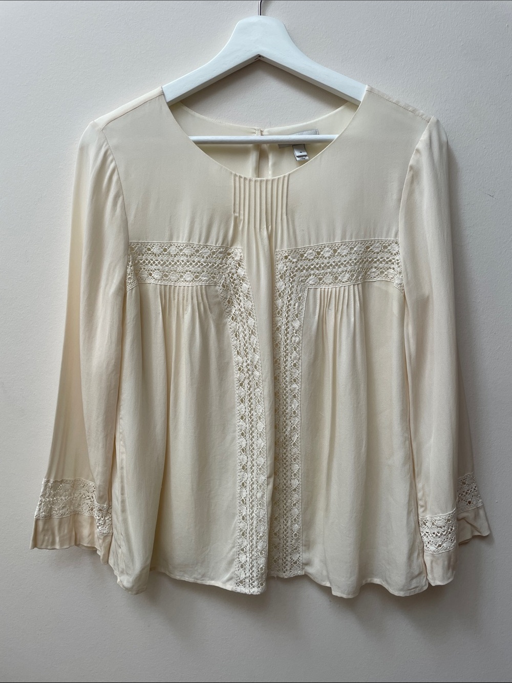 J. Crew Silk Cream Lace-Trim Peasant Blouse